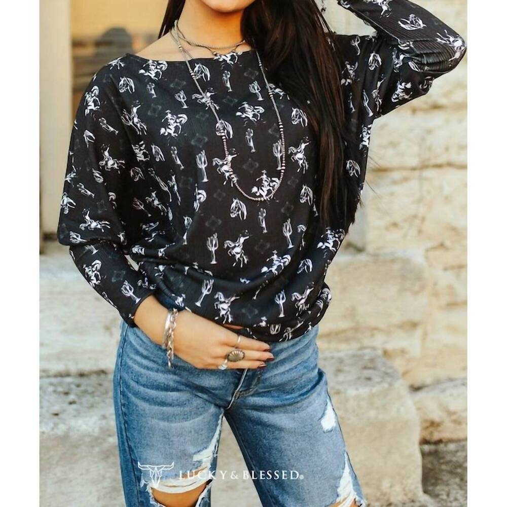 NEW LUCKY & BLESSED cactus cowboy ribbed long sleeve dolman top in black